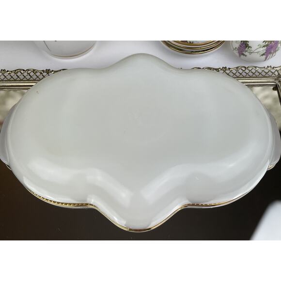 Vtg Anchor Hocking Fire King Ware Milk Glass Divided Serving Dish with Gold Trim - Picture 7 of 9
